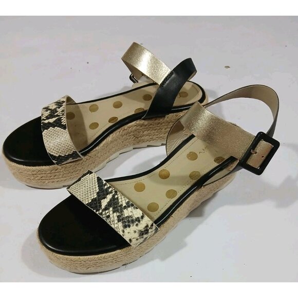 Boden Lena Sandal Size 40 8.5 Black Gold Espadrille Platform Ankle Strap - Picture 2 of 12